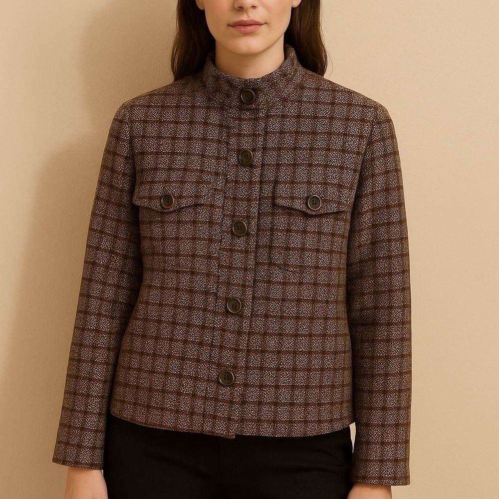 Chicos Blazer Coat Women Brn Tweed Plaid Button Band Collar Pocket Structure Sz3